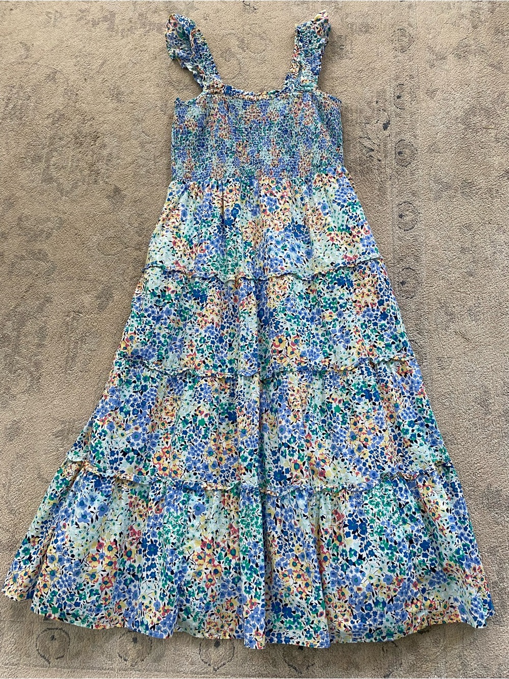 J. Crew Floral Smocked Tiered Midi Dress Cotton Small Feminine Ruffle Straps
